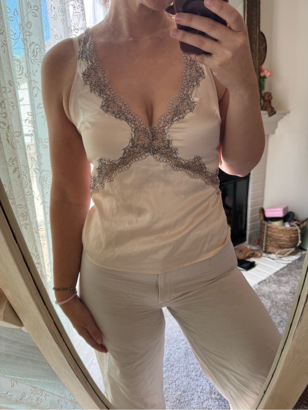 Victoria Secret Y2K Silk Lace Trim Cami Top in Blush - Women Intimates